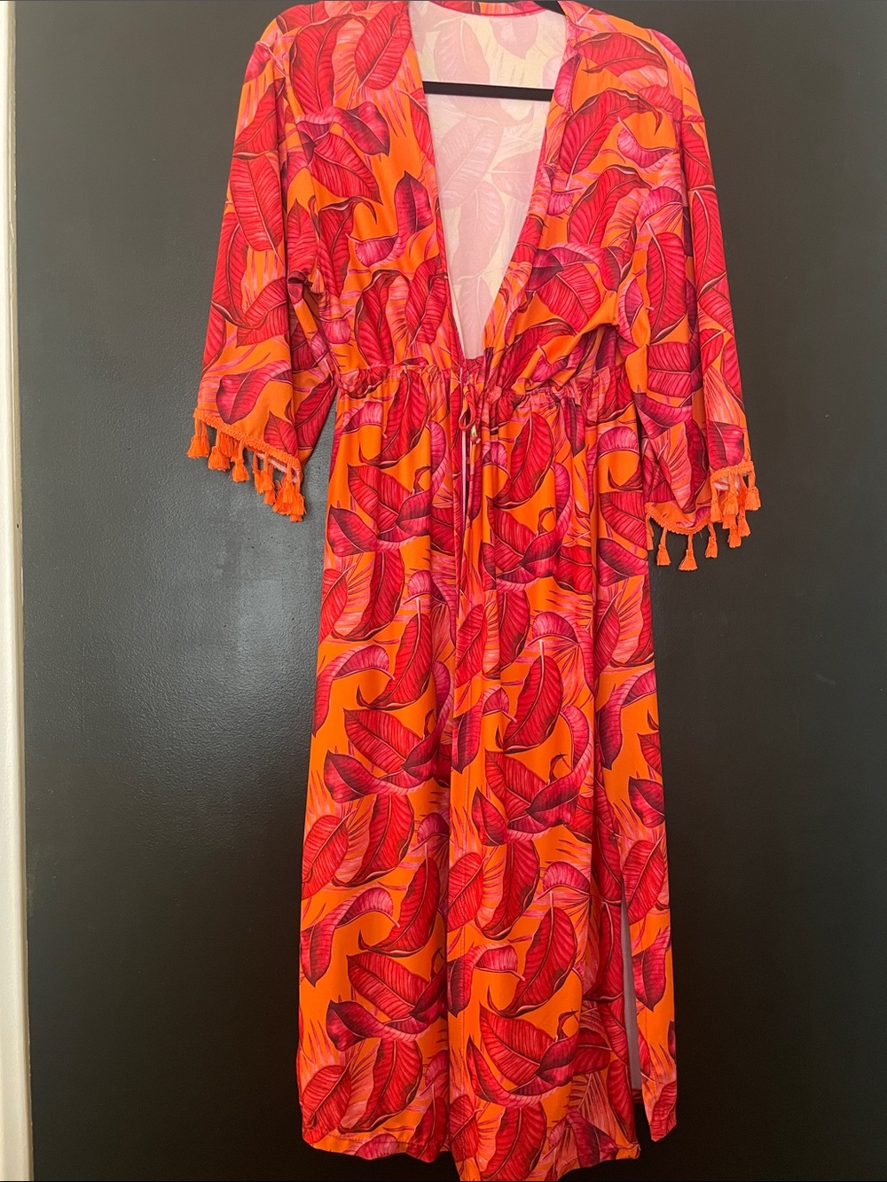 Drawstring Waist Kimono / Beach Coverup Tropical Print